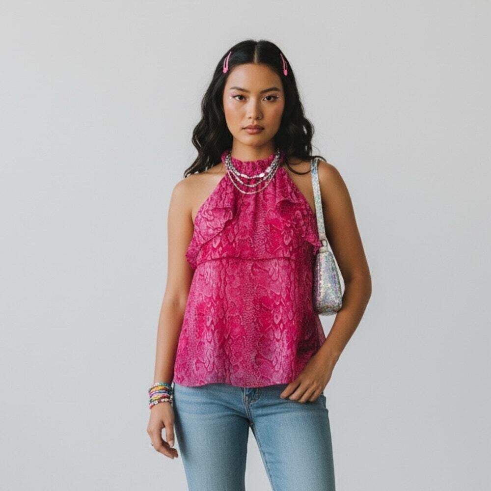 BCBGMaxAzria Ruffled Pink Snake Print Silk Halter Blouse Top  Azaelea SMALL